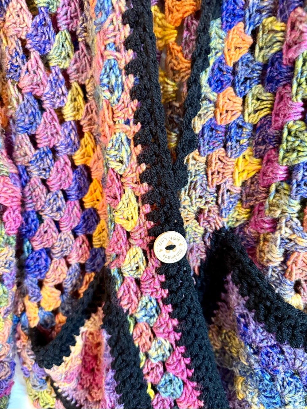 Handmade Multicolor Crochet Hooded Hexagon Cardigan with Black Trim - Picture 5 of 7